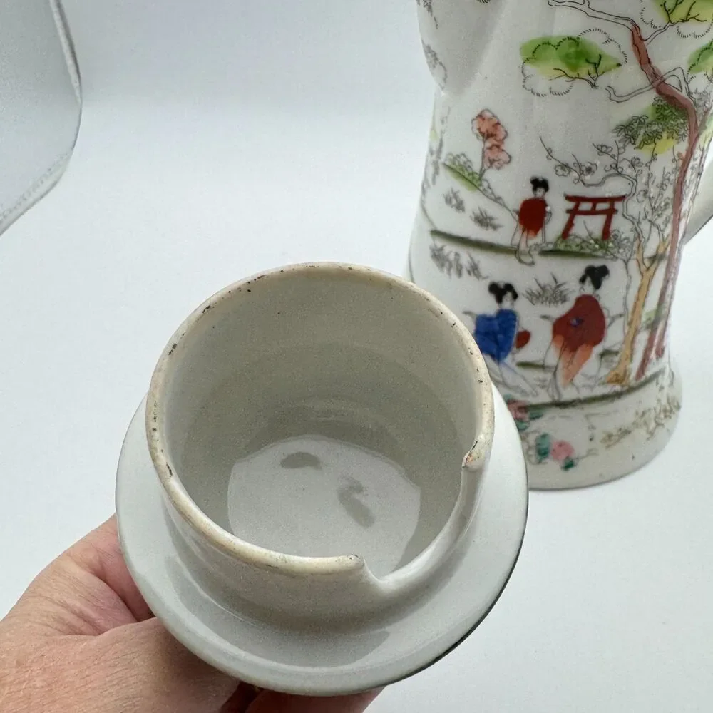 Vintage Japanese Porcelain Chocolate Pot Geisha Pagoda Scene Made in Japan 9.5